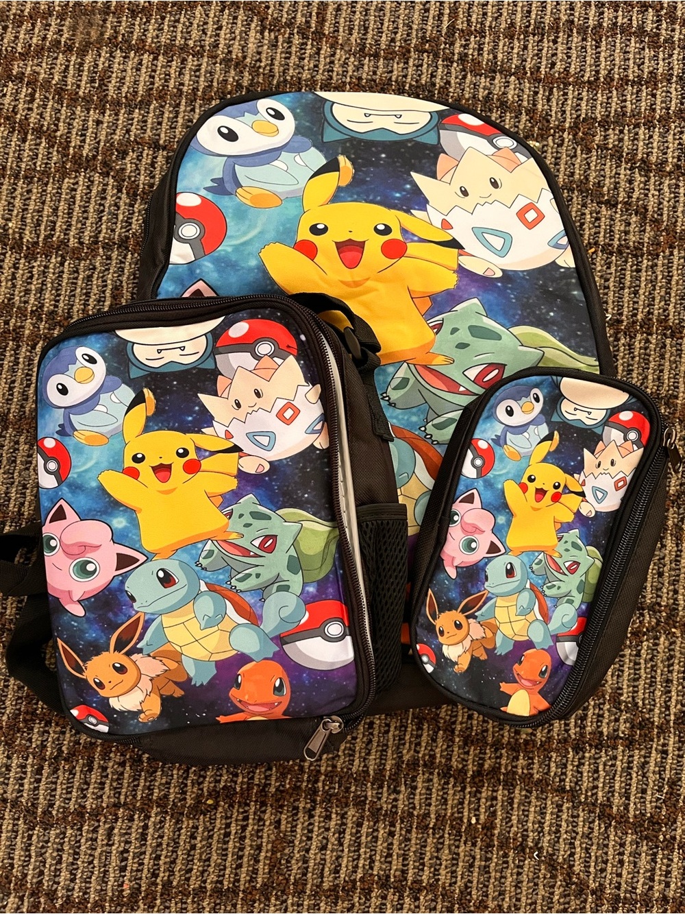 Pokemon Kids Backpack trio with lunchbox and pencil bag